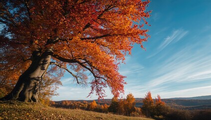 Vivid autumn scene with colorful leaves, sky, trees, and landscape emphasizing seasonal transition