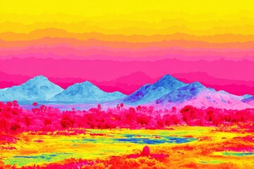 Vibrant, surreal landscape with colorful mountains and hot pink vegetation.