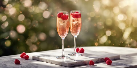 Two champagne glasses with beverage and fresh raspberries on a marble surface, suitable for celebratory occasions,
