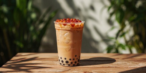 Plastic glass filled with iced milk tea containing bubbles and brown sugar, used as a beverage background for menu layout