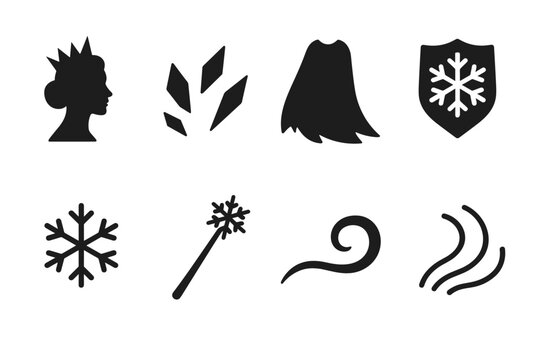 Snow Queen Icon Set. Snow queen concept. Filled icon set of snow queen concept: queen silhouette, crown shards