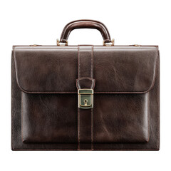 Elegant brown leather briefcase with strap and metal latch, studio shot