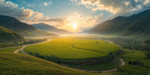 High mountain landscape with grass-covered slopes seen from above, ideal for editorial header backgrounds