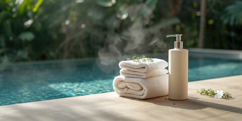 Spa set with towels and a cream pump bottle arranged by the pool, maintenance and hygiene practices