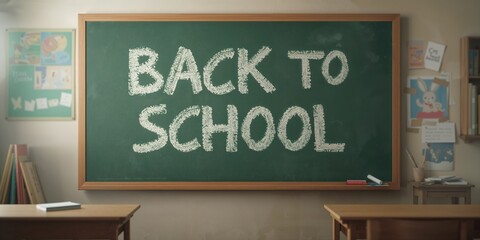 Classroom blackboard with back to school message and chalk, school activity layout