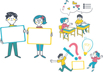 青と黄色のアクセントカラーで描かれた、空白のボードを掲げる男女の小学生と、机で議論する学習風景、電球と疑問符による問題解決イメージの手書き風線画イラストセット