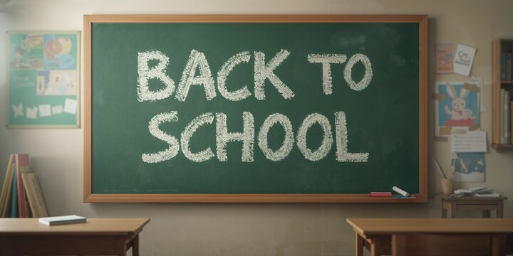 Classroom blackboard with back to school message and chalk, school activity layout - Powered by Adobe