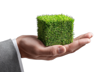 Hand holds cube of lush green grass against dark background