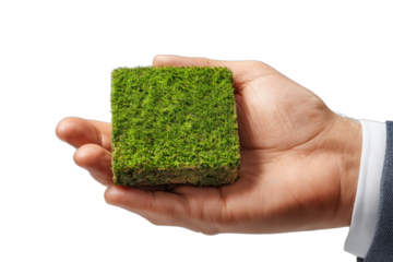 A hand in a suit holds a small, square piece of green, living moss