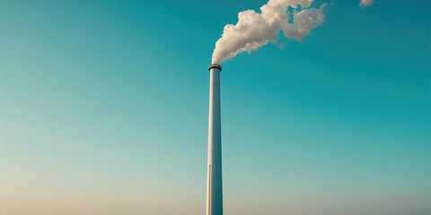 Detailed view of a white factory chimney releasing smoke into a blue sky, air quality issues, Earth Day
