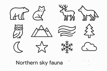 Fototapeta premium Northern Sky Fauna Icons. Northern sky fauna. Line outline icon set of Northern sky fauna: polar bear, arctic