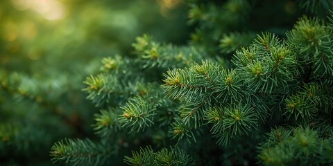Closeup of dense evergreen branches and pine needles, suitable for nature-themed background or layout design
