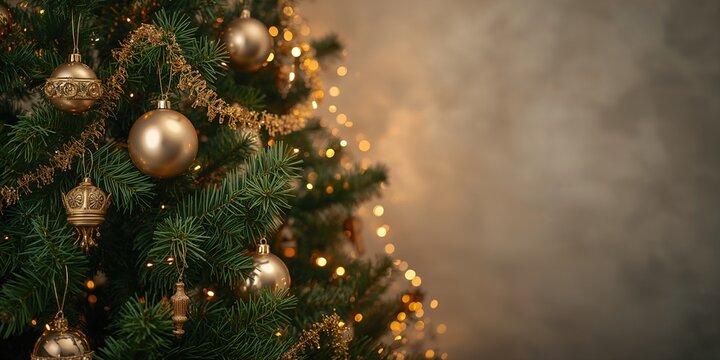 Close-up of a Christmas tree with vintage baubles and golden lights, holiday decor - Powered by Adobe