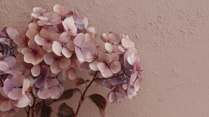 A close-up of delicate purple flowers blooms against a textured wall