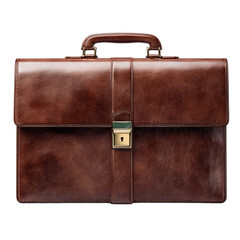 Classic brown leather briefcase with a brass clasp and handle on black