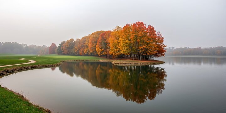 Autumn trees reflected in Steele Creek Lake, Tennessee, seasonal change and erosion risk