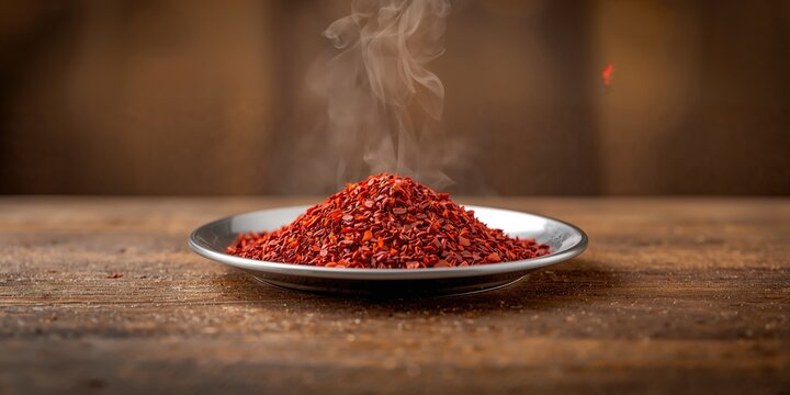 Aleppo Pepper flakes on a silver plate used for seasoning or garnishing, spice preparation