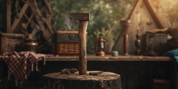 A weathered ax stuck in a tree stump near a shelf, highlighting manual tool upkeep