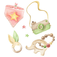 A set of wooden toys for babies: a bib, a camera, a teether, and an elephant rattle. These eco-friendly children's toys are hand-painted with watercolors. The illustration is suitable for packaging.