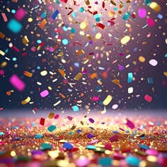 Festive confetti falls against a dark backdrop, shimmering on a speckled surface in a burst of colorful celebration