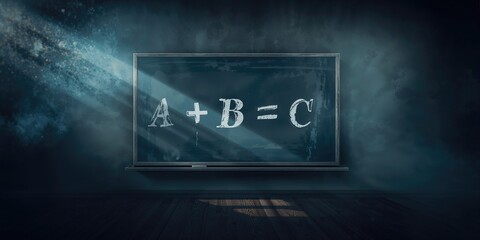 Classroom blackboard showing simple addition problem a plus b equals c, teaching aid for math learning