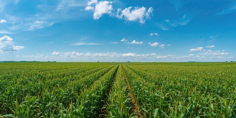Cornfield panorama under clear blue sky, seasonal agricultural landscape
