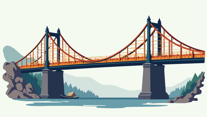 Fototapeta premium Suspended old bridge scaffolded for repair above tranquil river