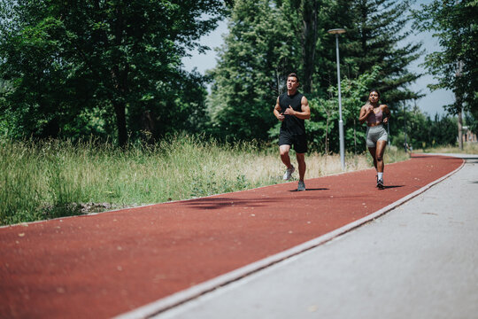 A man and a woman engage in outdoor running on a sunny day, enjoying fitness activities on a red track amidst lush greenery in a recreational environment. - Powered by Adobe