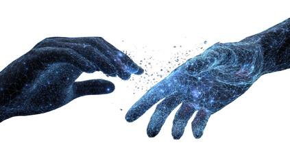 Two glowing, digital hands reaching to touch across a dark void