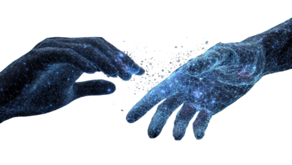 Two glowing, digital hands reaching to touch across a dark void