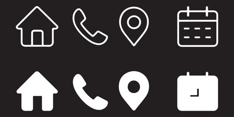 Interface icon set. Phone receiver, home, location pin, clock and calendar elements form a clean contact vector illustration. Navigation and scheduling symbol. Call and visit planning sign.