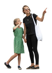 Mother and daughter standing hand in hand and looking at something, isolated on white and transparent background