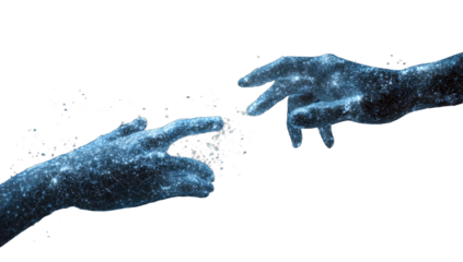 Digital hands reaching, connected by light particles against dark background