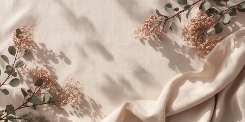 Decorative dried eucalyptus twigs placed on crumpled linen fabric creating a textured background for web and portfolio layouts
