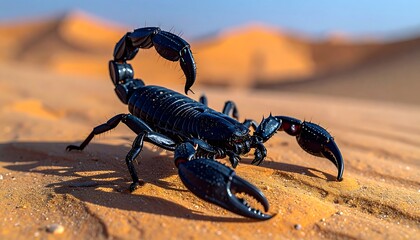 A close-up view of a black scorpion resting on textured sand with sunlit dunes in the blurred background