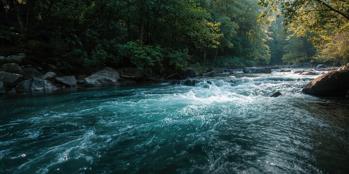 Flowing mountain water in a scenic river stream, natural erosion risk