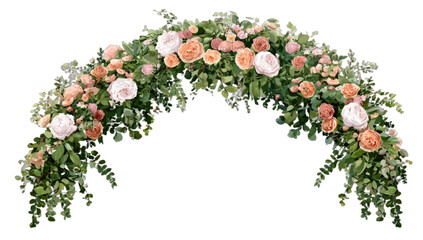 Lush green archway adorned with soft peach and blush floral accents