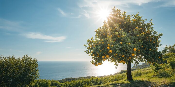 Lemon trees in a citrus grove, seasonal growth and fruit production