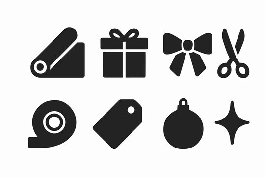 Christmas Wrapping Icons. Christmas wrap kit. Filled icon set of Christmas wrap kit: paper roll, gift box,