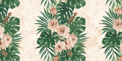 Monstera, roses, and leaves arranged in a geometric seamless pattern for organic background design, suitable for layout and text overlay
