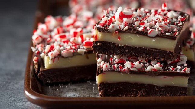 Peppermint bark fudge squares with chocolate and vanilla layers