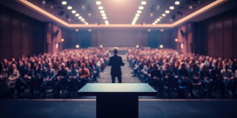 Out-of-focus seminar room scene with participants, used as a backdrop for educational or corporate events