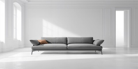 Modern grey sofa in a living room setting, designed for contemporary comfort and style, neutral background for interior decor