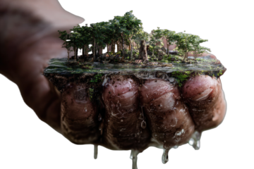 A hand holding a miniature forest ecosystem with water dripping