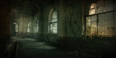 Derelict building hallway, emphasizing neglect and deterioration for maintenance safety visuals