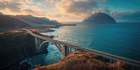 Birds-eye perspective of a coastal bridge connecting rugged mountains and water under golden sunset light, highlighting scenic island geography