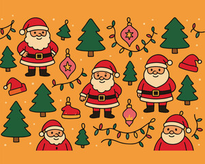 Cute cartoon vector illustration set of Christmas trees and Santa Claus on a seamless winter holiday snow pattern