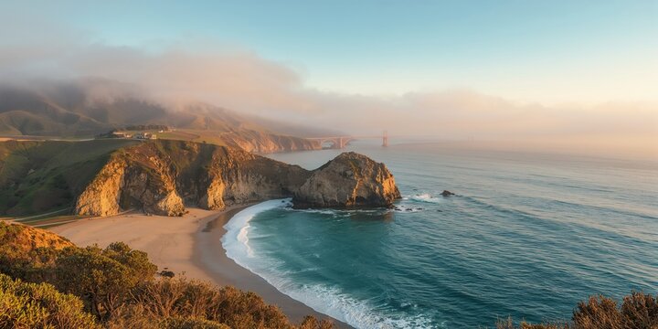 Carmel state beach featuring rugged coastline and deep blue waters, scenic highway route in California, travel and tourism