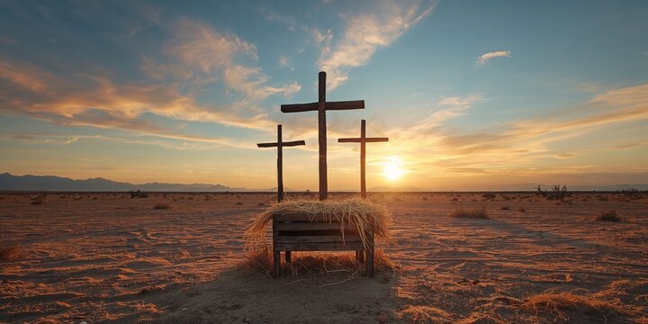 Fototapeta A wooden manger with three crosses, rustic religious symbolism, Good Friday observance
