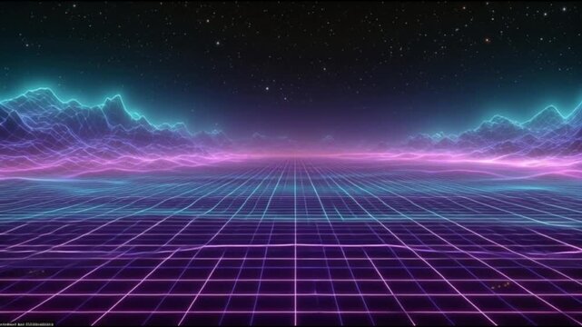 Retro Futuristic Grid Landscape with Neon Mountains and Stars.